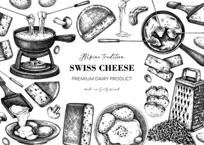 Swiss cheese hand drawn vector illustration. Vintage food background. Fondue and raclette sketches. Perfect restaurant menu, packaging, or prints. NOT AI generated
